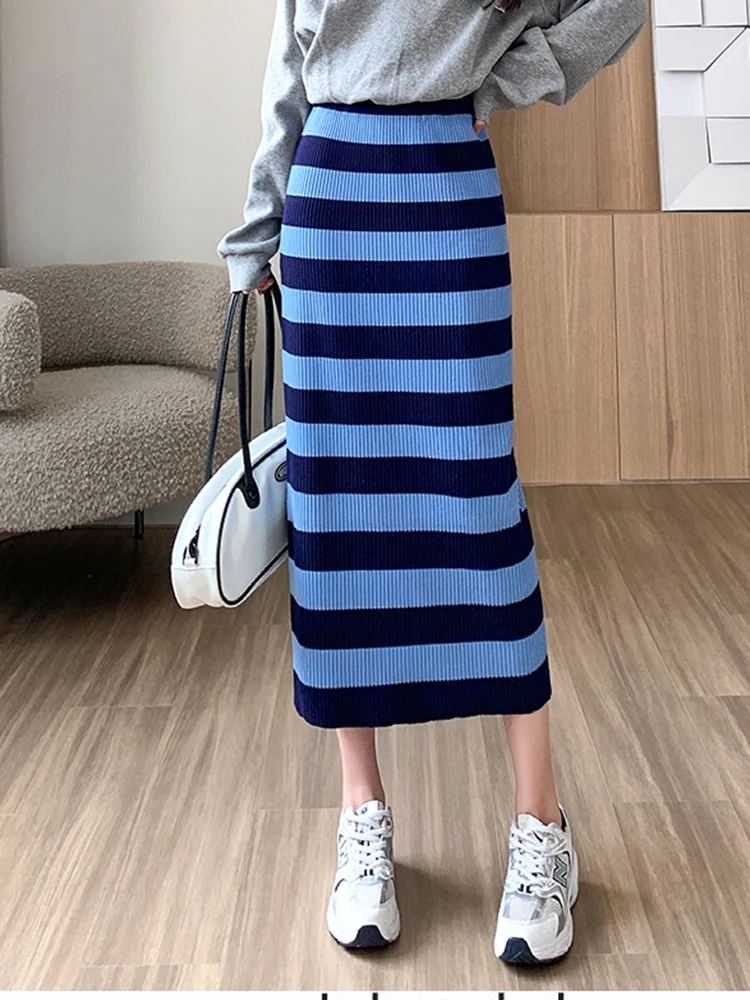

Осенне-зимняя трикотажная юбка в полоску, Женская прямая юбка средней длины в черно-белую полоску с высокой талией, трикотажные юбки GD726
