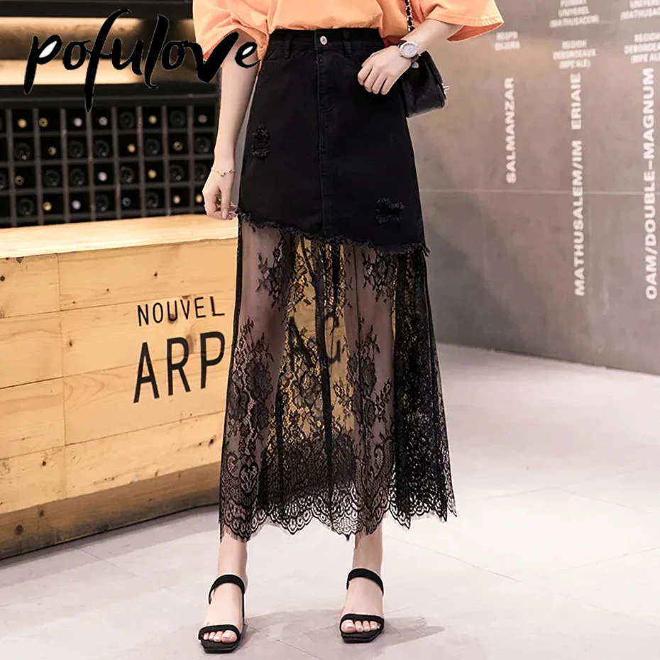 Jean Lace Skirt Woman Y2k Gothic Skirts Harajuku Sexy Pencil Mesh Faldas Denim Ripped Spring Summer |