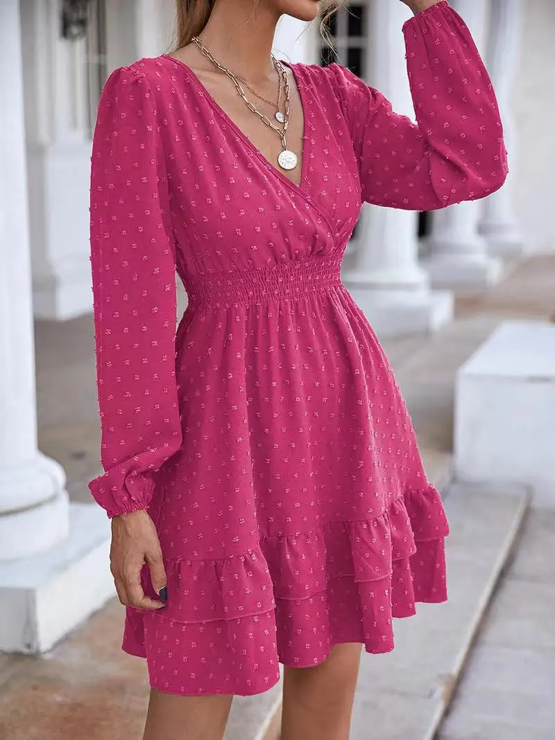 

Women's Spring And Autumn A Line Chiffon Fashion Dresses V Neck Waist Ruffle Woman Hedging Lantern Long Sleeve Dresses 2022
