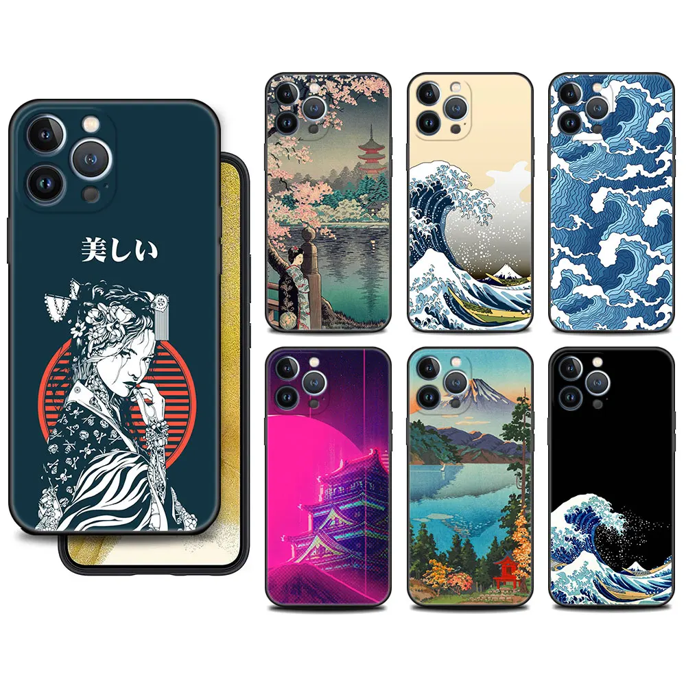 

Case For Apple iPhone 11 13 14 12 Pro 7 Plus XR X XS Max 6 6S 13Pro Max Black Silicone Phone Funda Japanese Style Art Japan