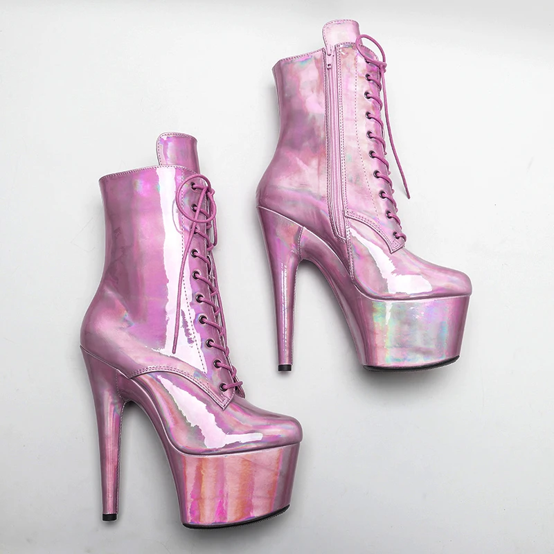 Leecabe  17cm/7Inch Shinny Laser PINK Pole Dancing shoes High Heels Shoes  pole dance boot