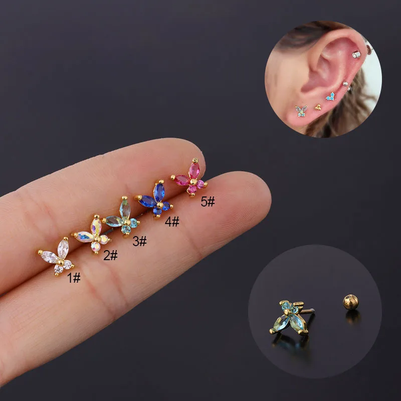 

Butterfly Jewelry Zircon Ear Cartilage Girls Fashion Colored Gifts Pin Women Helix Stud Piercing Earrings