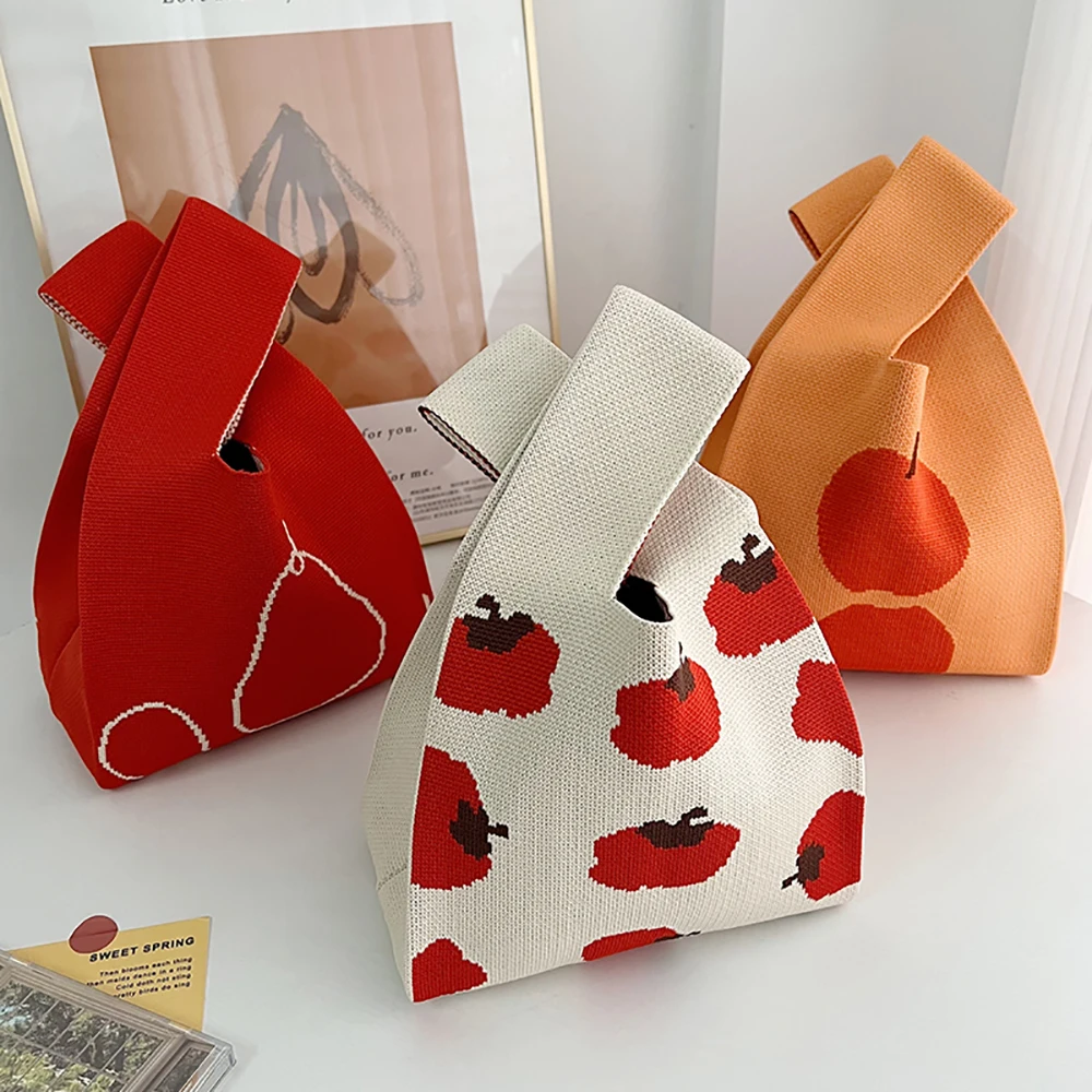 

Handmade Knit Handbag Women Mini Knot Wrist-bag Female Casual Color Wide Stripe Plaid Tote Bag Student Reusable Shopping Bag