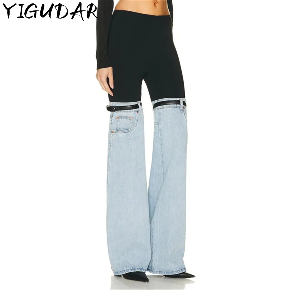 Женские джинсы с завышенной талией, прямые лоскутные брюки из искусственной кожи с пряжкой в уличном стиле, лето 2023