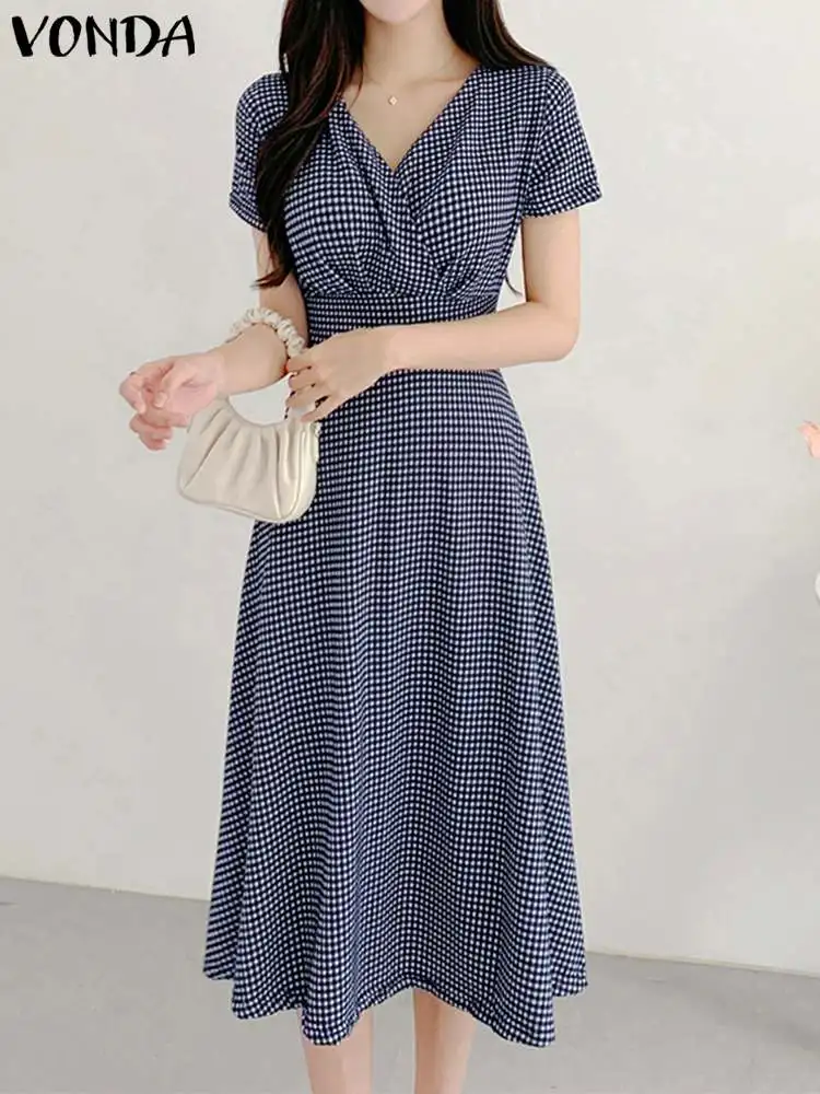 

Летний элегантный сарафан 2023 VONDA женское богемное клетчатое платье с V-образным вырезом с коротким рукавом и поясом Повседневное платье средней длины с принтом