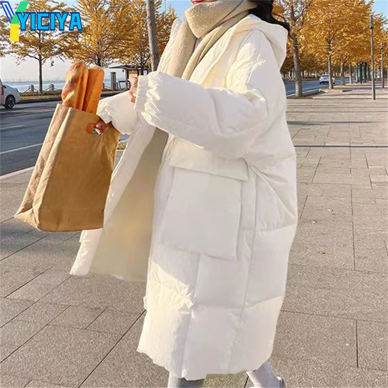 YICIYA Parkas Winter Coat Women Fall 2023 Fashion Oversized Solid Long Jacket With Hoodies Loose Coats Elegant Ladies Outerwear