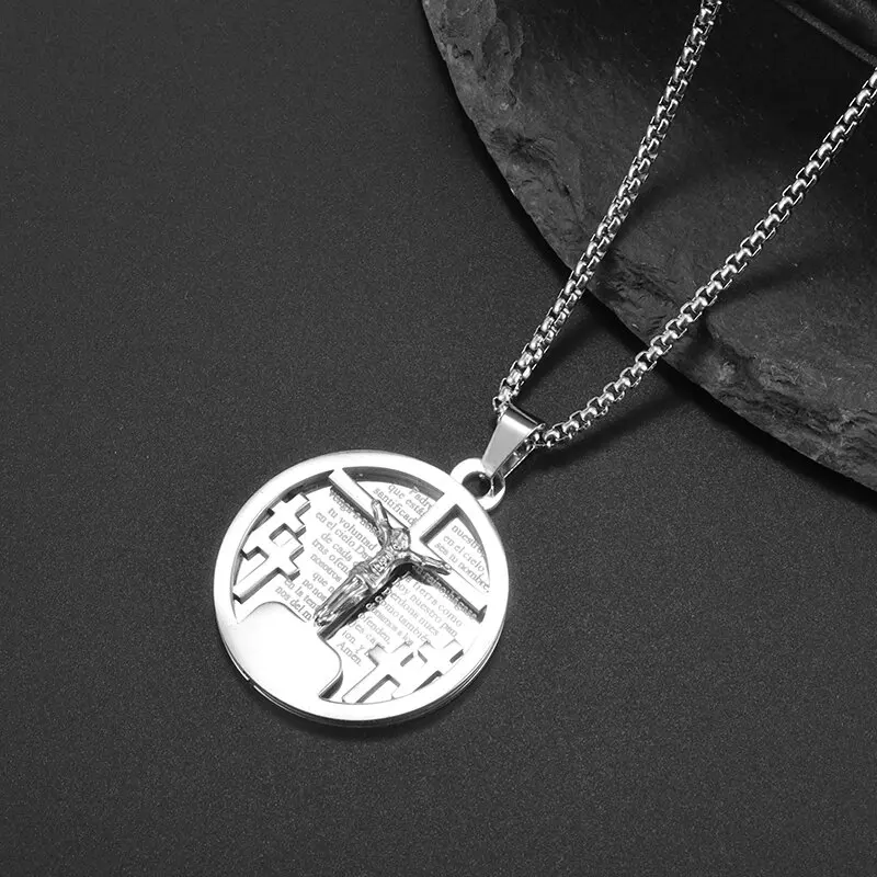 

Stainless Steel Gold Color Jesus Christ Cross Bible Text Pendant Necklace Round Bible Verses Inri God Necklace Amulet Jewelry