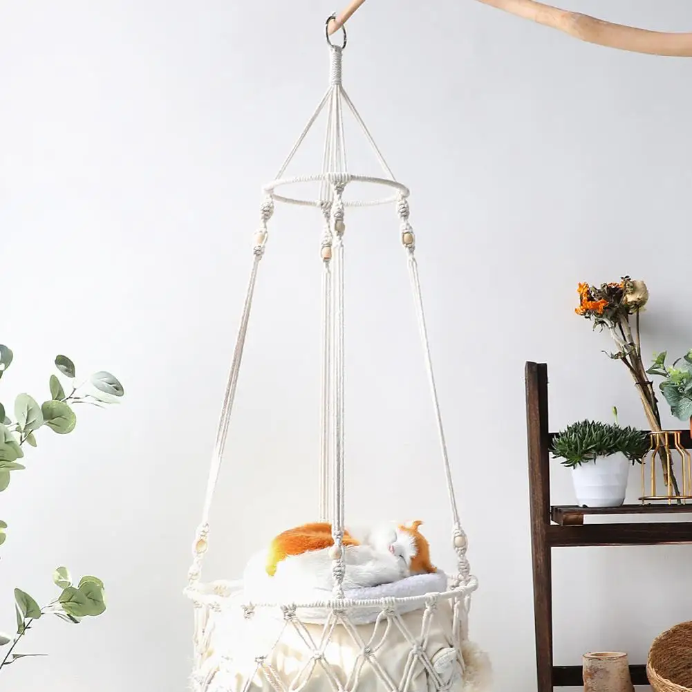 

Hanging Mesh Basket Boho Hand Woven Cotton Thread Cat Hammock Swing Nest For Storaging Flowerpots Books