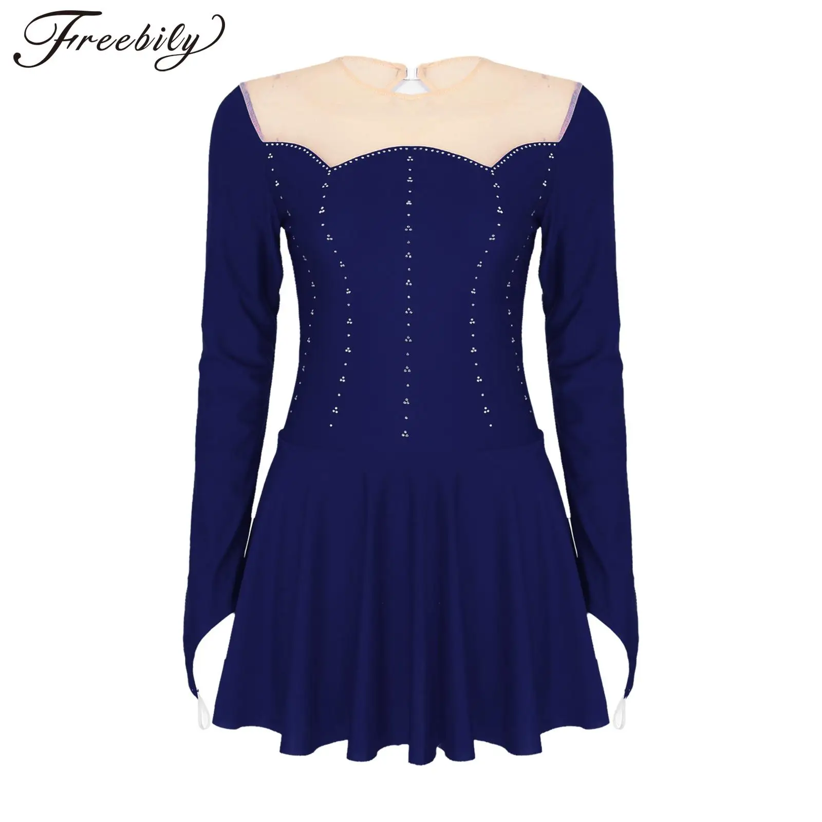 

Women Long Sleeve Ice Ballet Leotard Dress Sheer Mesh Patchwork Glitter Rhinestone Figure Skating Costume Performance Dancewear