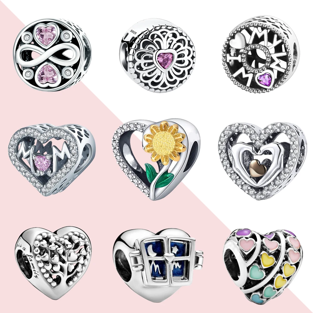 

New 925 Silver Sparkling Heart Sunflower Dangle Life Tree Love Heart Beads Charm for Women Bracelet Bangle DIY Jewelry Gift