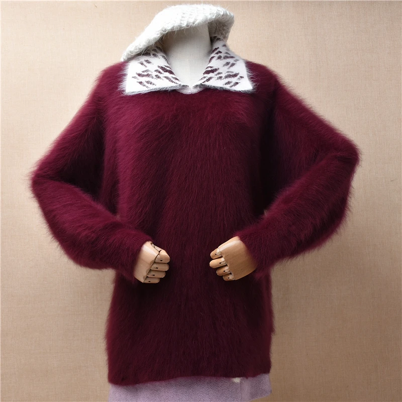 

04 женский осенне-зимний мягкий пушистый шерстяной вязаный пуловер из ангоры с отложным воротником и длинными рукавами «летучая мышь» Свободный пуловер свитер Топ