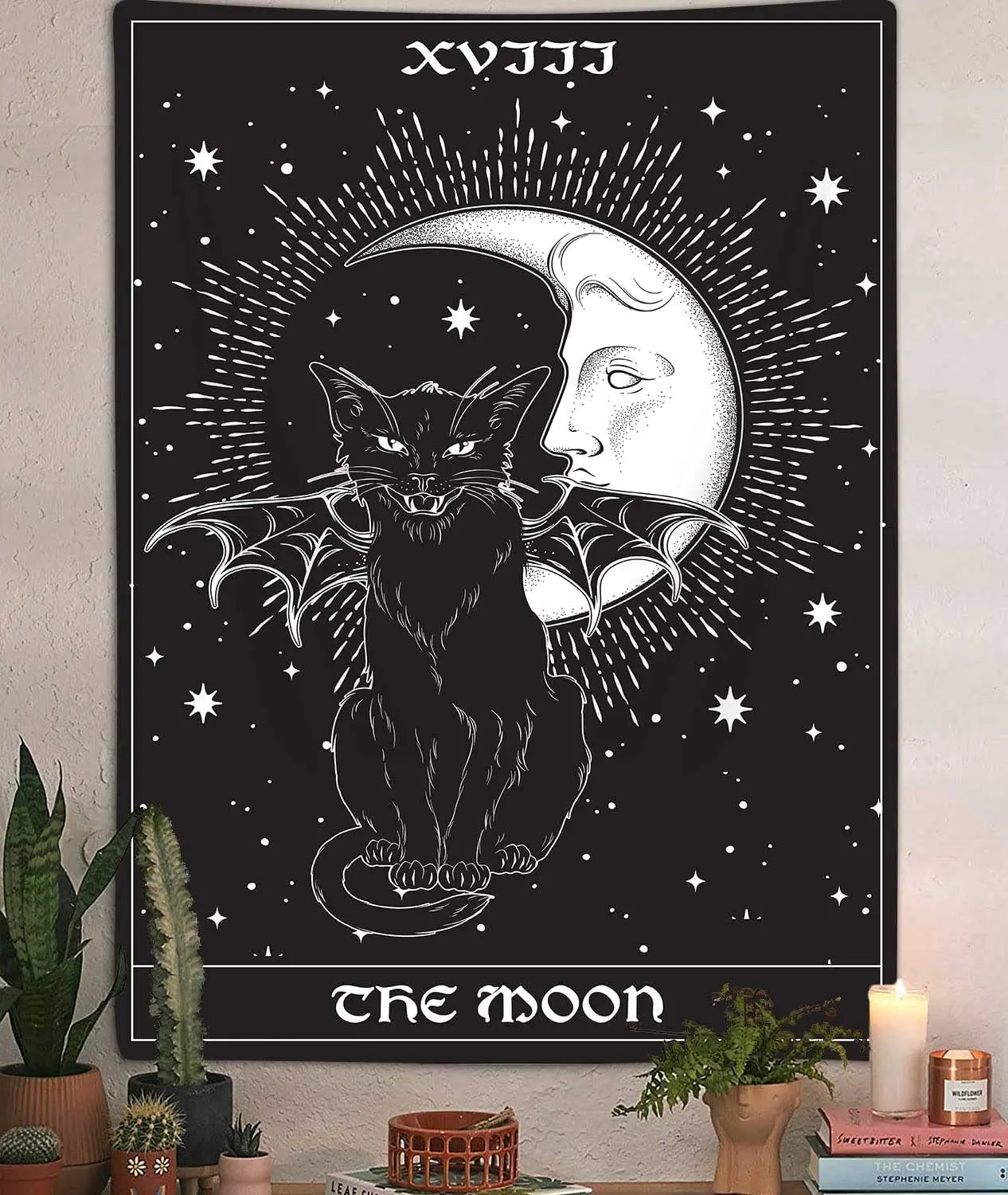 The Moon Tarot Tapestry Wall Hanging Gothic Black Cat Pagan Witchcraft Bohemian Wall Art Tapestry for Bedroom Living Home Decor
