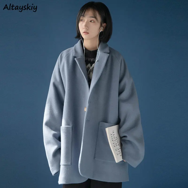 

Notched Blends Women A-line Loose Solid Cool Unisex Streetwear OL College Ulzzang Mujer Coats Teens Young Winter Ulzzang Tender