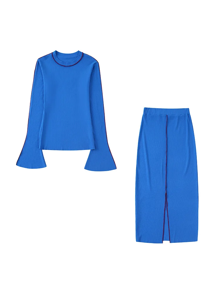 

Одинаковые комплекты из рубчатого трикотажа для женщин, повседневный пуловер, свитер и юбка-карандаш миди с разрезом спереди, комплект из 2 ...