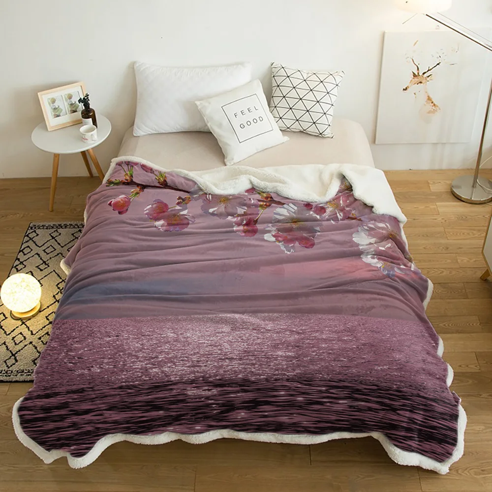 

Lake Cherry Blossom Water Surface Pink Flower Cashmere Blanket Thick Winter Bed Lamb Blankets Office Nap Sofa Bed Bedspread