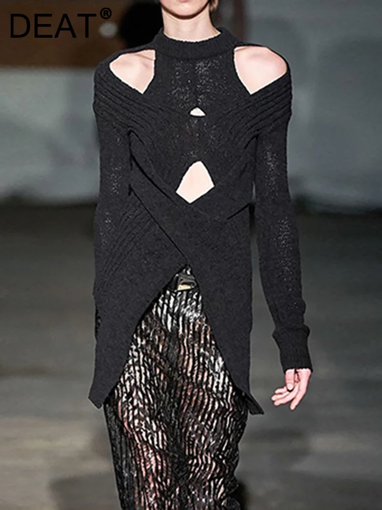 

DEAT Fashion Women Knitted Pullover Round Neck Overlapping Hollow Out Slim Solid Color Long Sleeve Sweater Spring 2023 New PD714