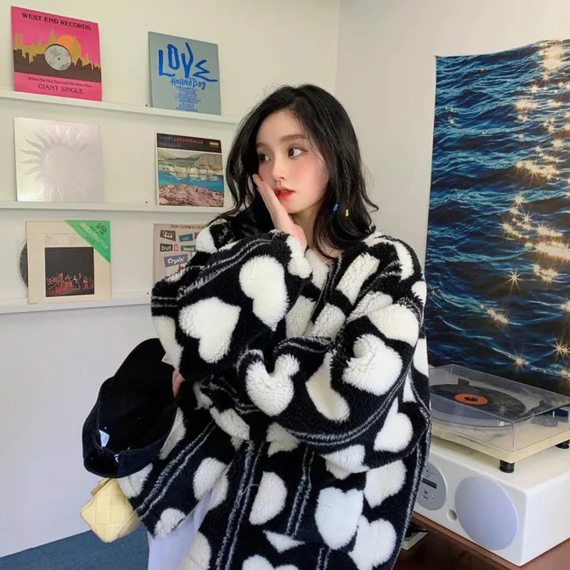 Pink Heart Teddy Faux Fur Jackets Women Outerwear Female Overcoat Winter Coats Japanese Korean Fashion Kawaii Lambswool Coats
