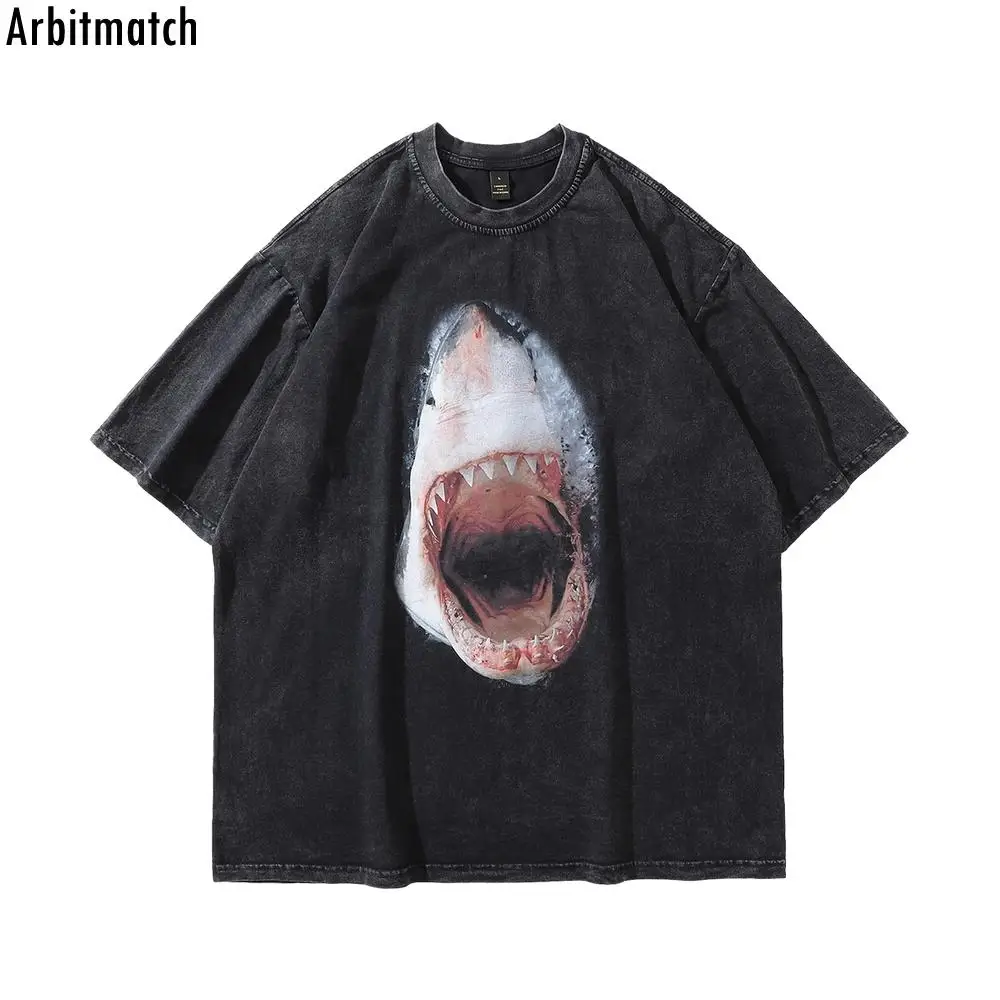 

Винтажная Мужская футболка 2022, летняя футболка с графическим принтом акулы, хлопковая Футболка оверсайз, Мужская потертая блуза, уличная од...