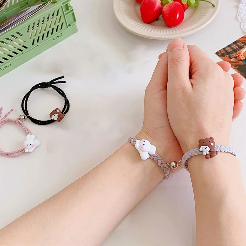 2pcs/set Mutual Attraction Elastic Rope Bears &amp Rabbits Friendship Bracelet Hand Hair Ring Gift for Valentine's Day BF - купить по