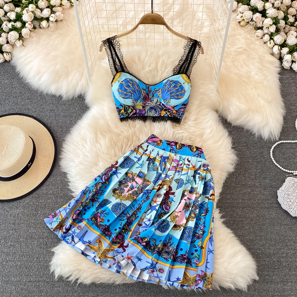 2023 Summer Fashion Two Piece Sets Women's Sleeveless Cup Padded Lace Stitching Crop Top + Retro Print Mini Pleated Skirts Suit