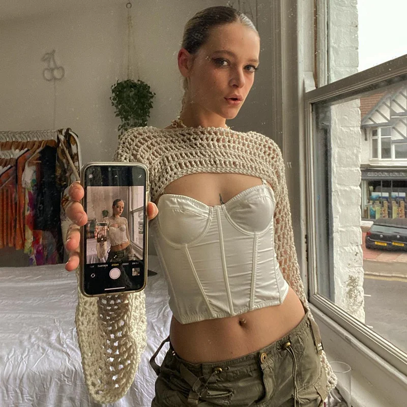 

Y2K Knitted Crop Top Women Hollow Out Loose Long Sleeve Smock Streetwear Fashion Tee Vintage Fairycore Grunge Pullover Sweater