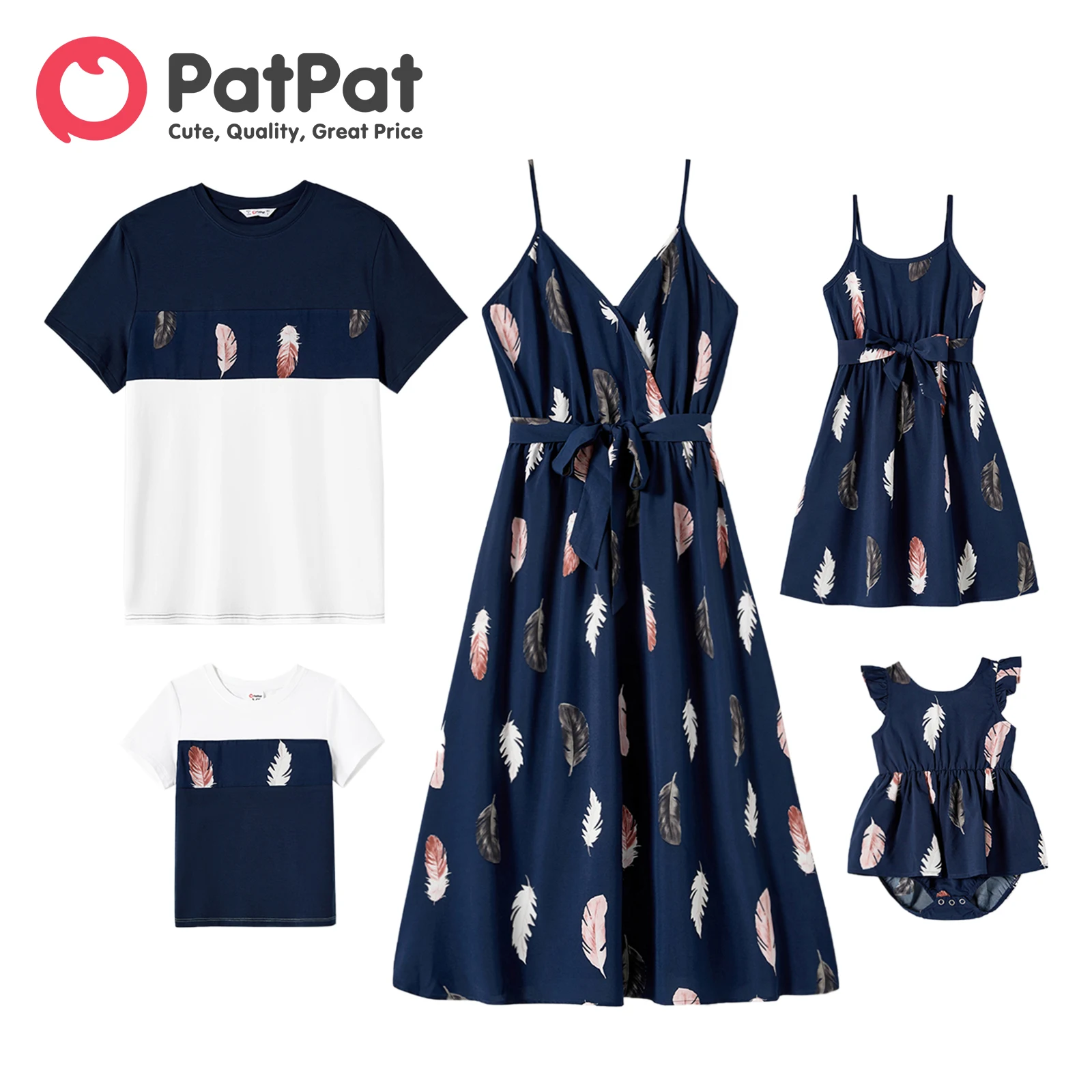 

PatPat Family Matching Outfits Allover Feather Print Belted Cami Dresses and Short-sleeve Spliced Tee Sets