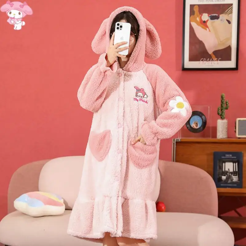 

Kawaii Sanrioed Melody Pajama Sets Coral Fleece Cartoon Hooded Long Sleeve Nightgown Trousers Winter Warm Pink Women Sleepwear