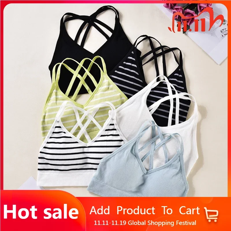 

Sports Bras Women Cross Strap Lingerie Comfort Underwear Breathable Bralette Striped Printed Bra Yoga Sportswear Soft Female Bra