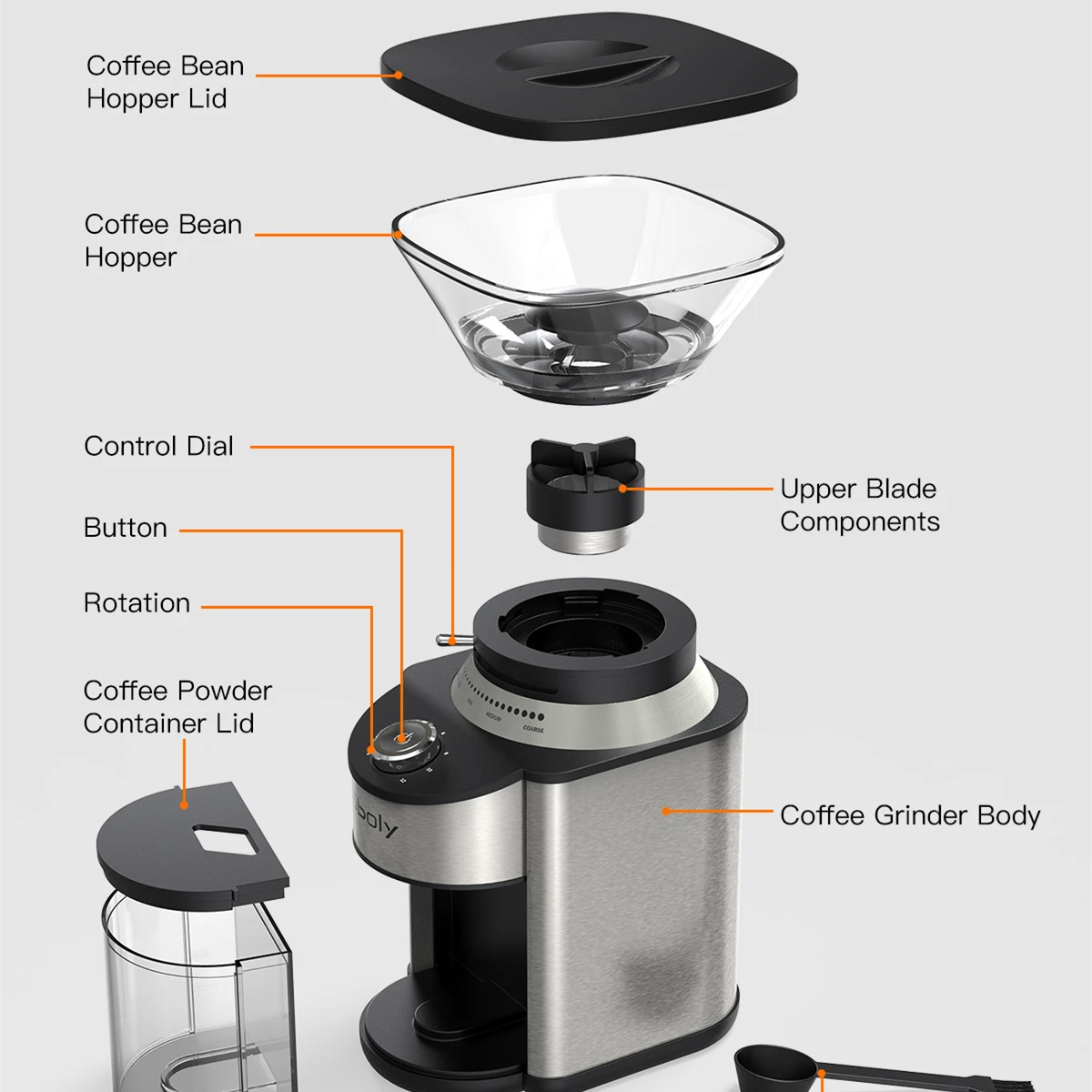 Sboly Conical Burr Design Coffee Grinder Stainless Steel 19 Settings 2-12 Cups Blender Bean Grinder for Espresso included Brush enlarge