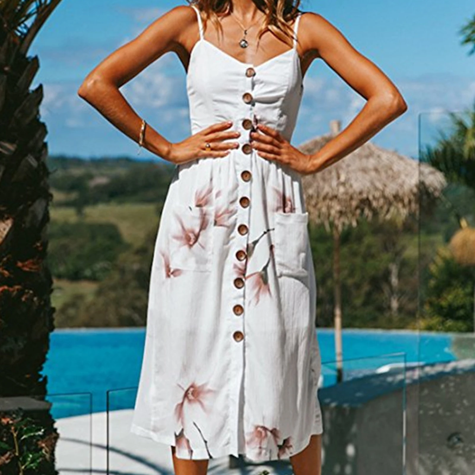 

2023 Women Summer Long Dress Bohemian Floral Printed Spaghetti Strap Dresses Single Breasted with Pockets Backless Sundress