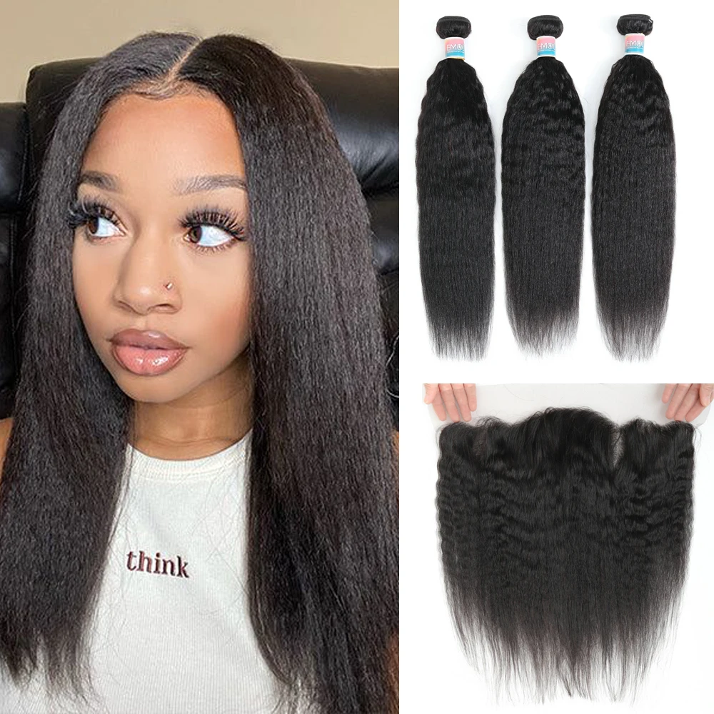 Malaysian Hair Kinky Straight 3 Bundles With Lace Frontal 13x4 Free Part Remy Human Hair Bundles With FrontaL Natural Color