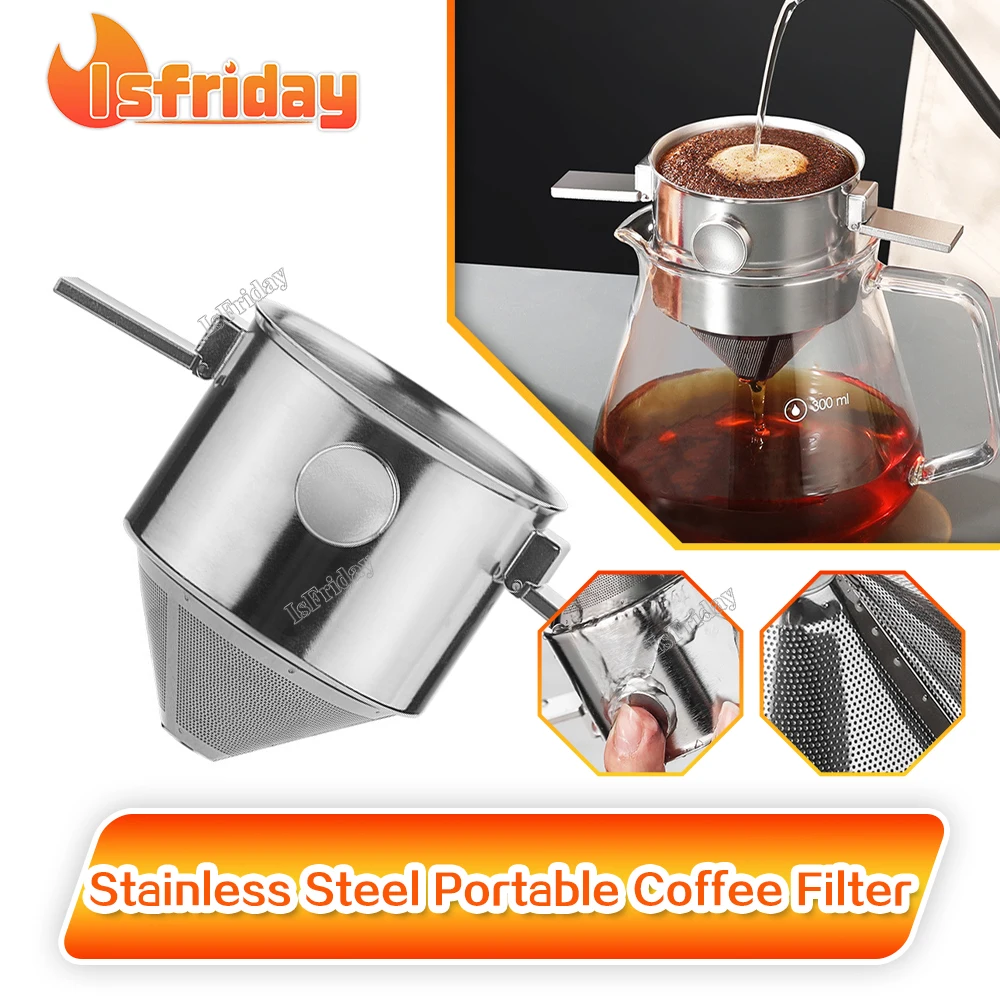 

Портативный складной фильтр для кофе из нержавеющей стали, легко очищаемая многоразовая Воронка для кофе, безбумажный держатель для разлива, капельница для кофе