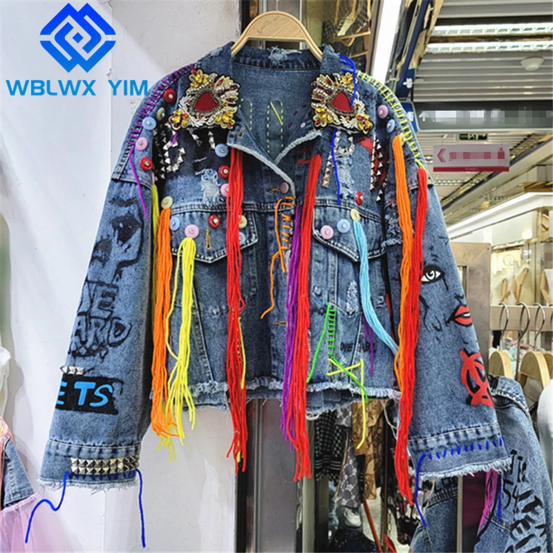 

Spring Autumn Denim Jackets Women Tassel Fashion Graffiti Print Jeans Jacket Streetwear Loose Ripped Rivet Jeans Coat Female