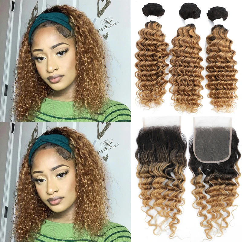 

Deep Wave Bundles With Closure T1B/27 Ombre Colored Hair Bundles With Closure Brazilian Remy Human Hair Weave Bundles 3PCS