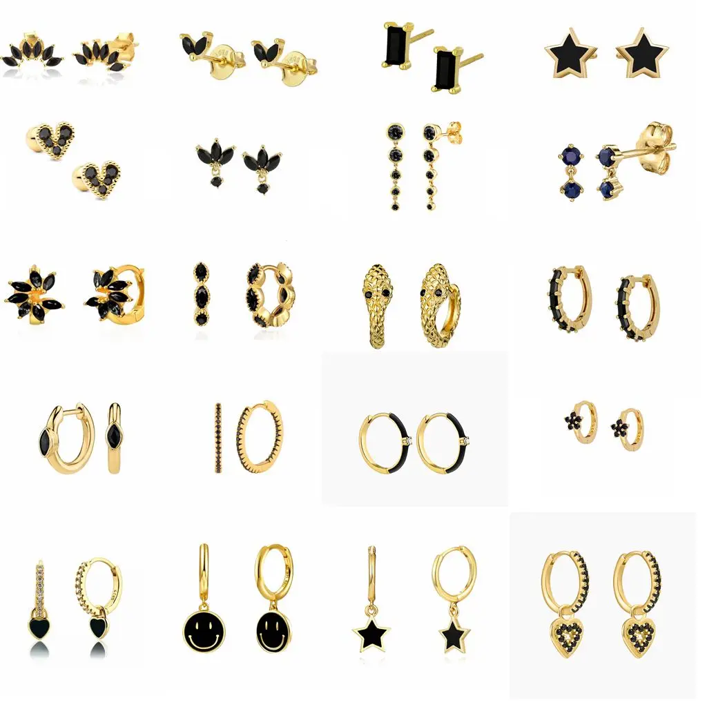 925 Sterling Silver Ear Needle Black Zircon Stud Earrings For Women  Round Pendant Gold Earrings 2022 Trend Fashion Jewelry
