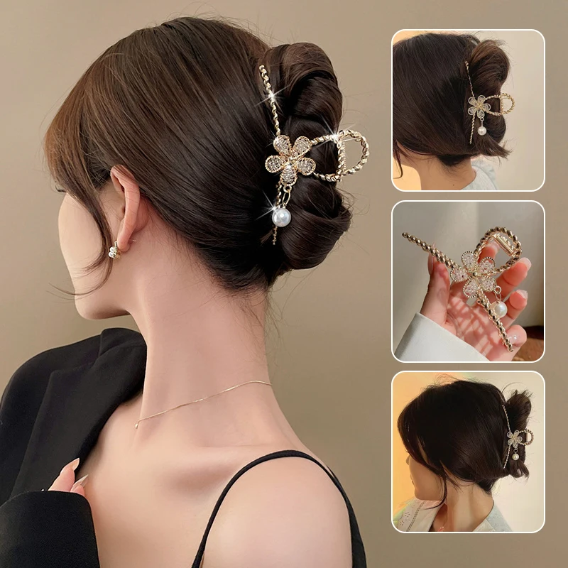 

Rhinestone Flower Hair Catch Clip Pearl Hair Claw Women Hairpins Metal Shark Clip Hair Accessories Girl Barrette Headwear