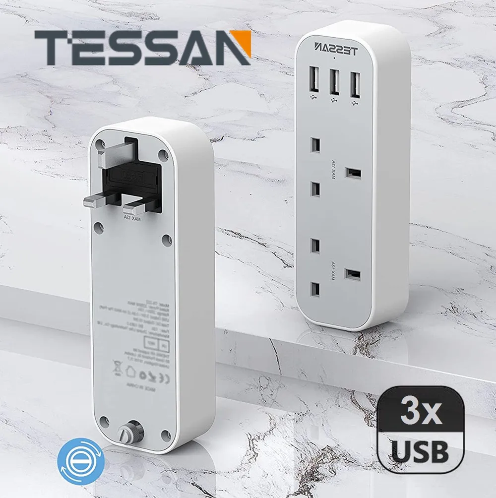 

TESSAN 2 Way Multi Plugs Extension Adapter UK Plug Double Outlets with 3 USB Ports Wall Charger Sockets Power Extender for Home