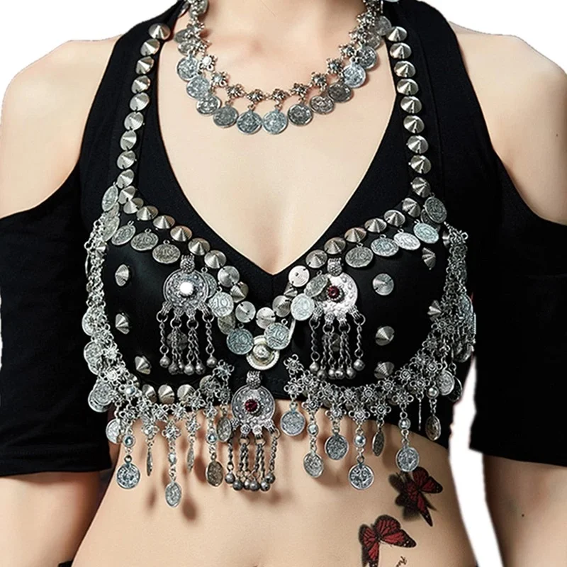 

Women Silver Chain Metallic Studs Bra CUP Coins Bra Gypsy Dance Tops Tribal Belly Dance Vintage Bra