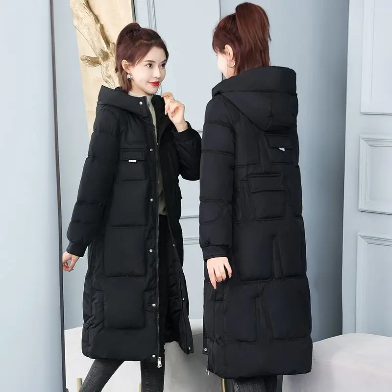 Winter Slim Hooded Parkas Jackets Women Thicken Warm Long Pockets Zipper Cotton Padded Coats New 2023 New Femme Tops S91