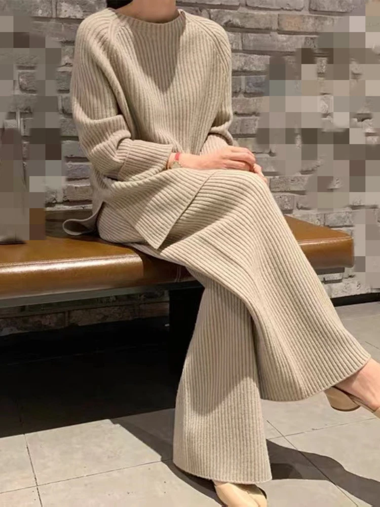 

Autumn Winter 2 Piece Sets 2023 Korean Fashion Female Clothing Round Neck Knitted Sweater Pullover Wide Leg Pants Suit Homewear