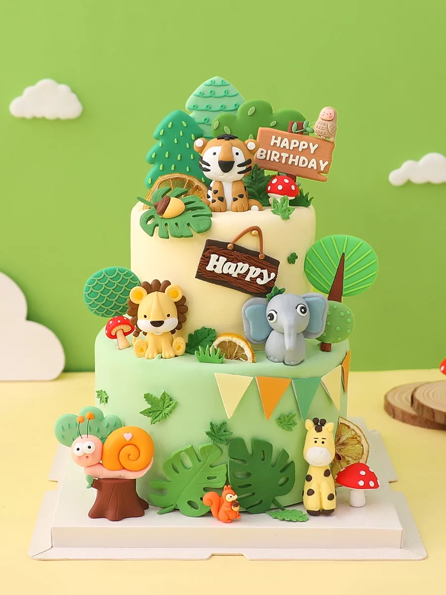 

Торт Топпер мультфильм лес джунгли сафари дерево пень дорога Знак Дети первый день рождения маленькое дерево листья украшение торта