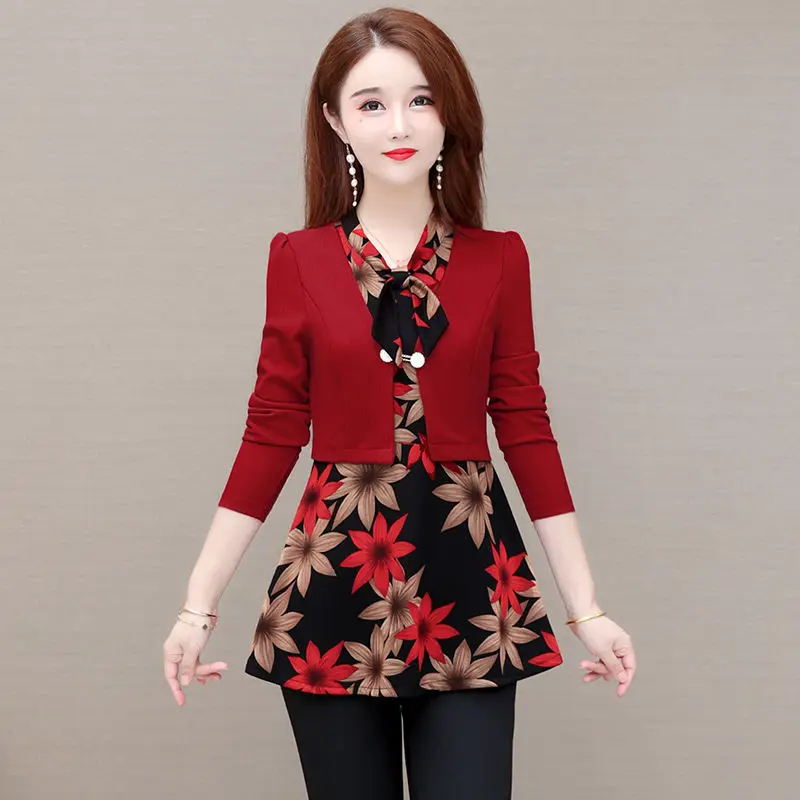 

Woman Print Ruffled Long Sleeve Blouses Female Two Fake Blouse Shirt Casual Tops Office Ladies Elegant Work Chiffon Shirts G176