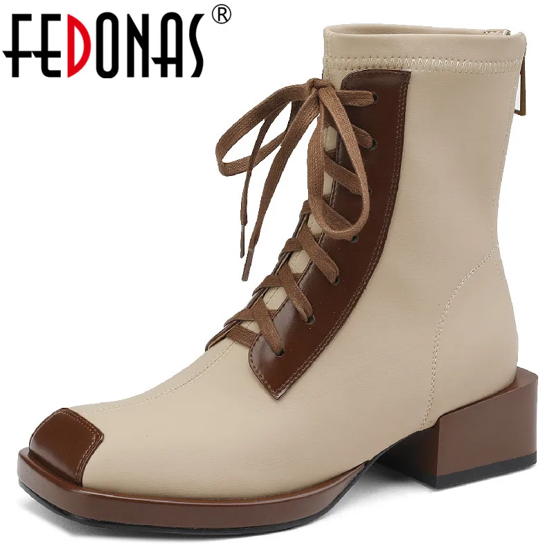 

FEDONAS Square Toe Thick Heels Women Ankle Boots Autumn Winter Office Ladies Splicing Cross-Tied Shoes Woman Fashion New Arrival