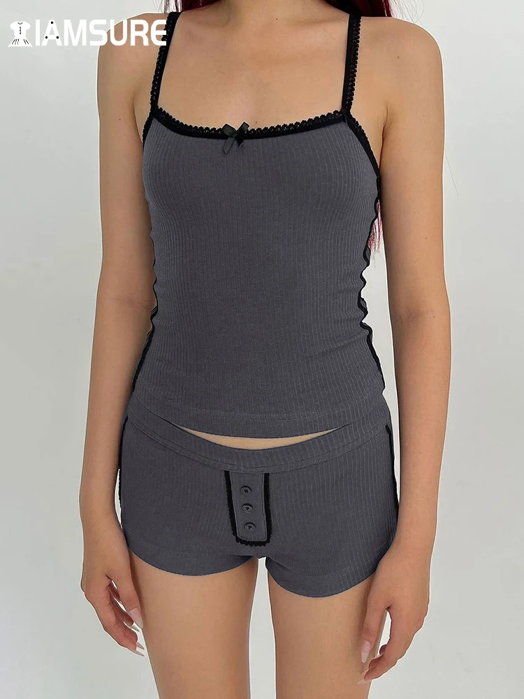 

IAMSURE Sweet Basic Solid Lace Shorts Set Women Sexy Slim Slash Neck Sleeveless Camis Tops Low-Waisted Shorts Women 2023 Spring