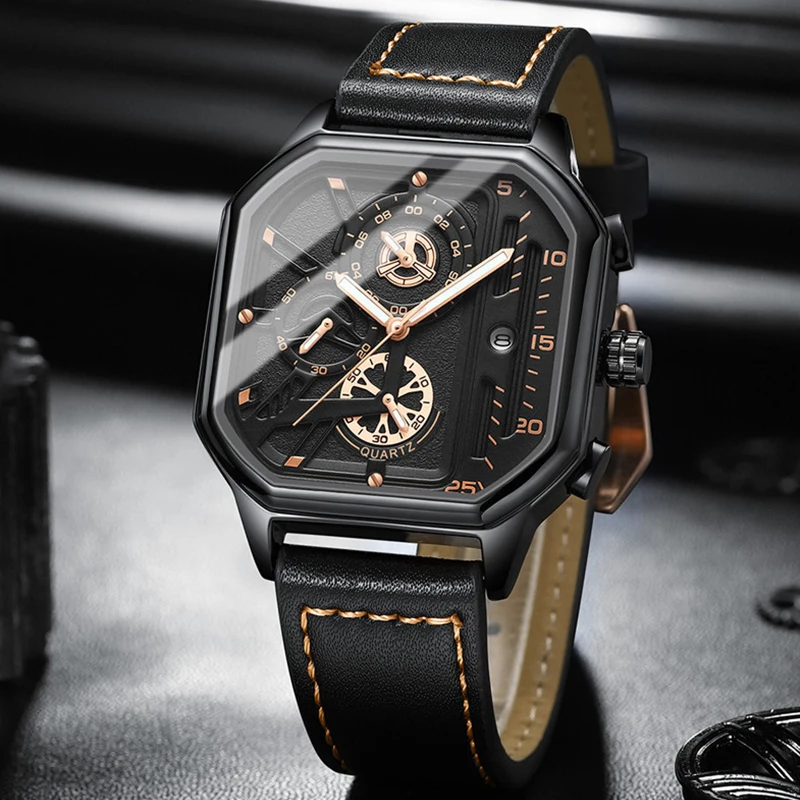 Fashion Men's Watch 2023 Multifunction Luminous Chronograph Watches Luxury Square Leather waterproof Clock Men Buy China Direct