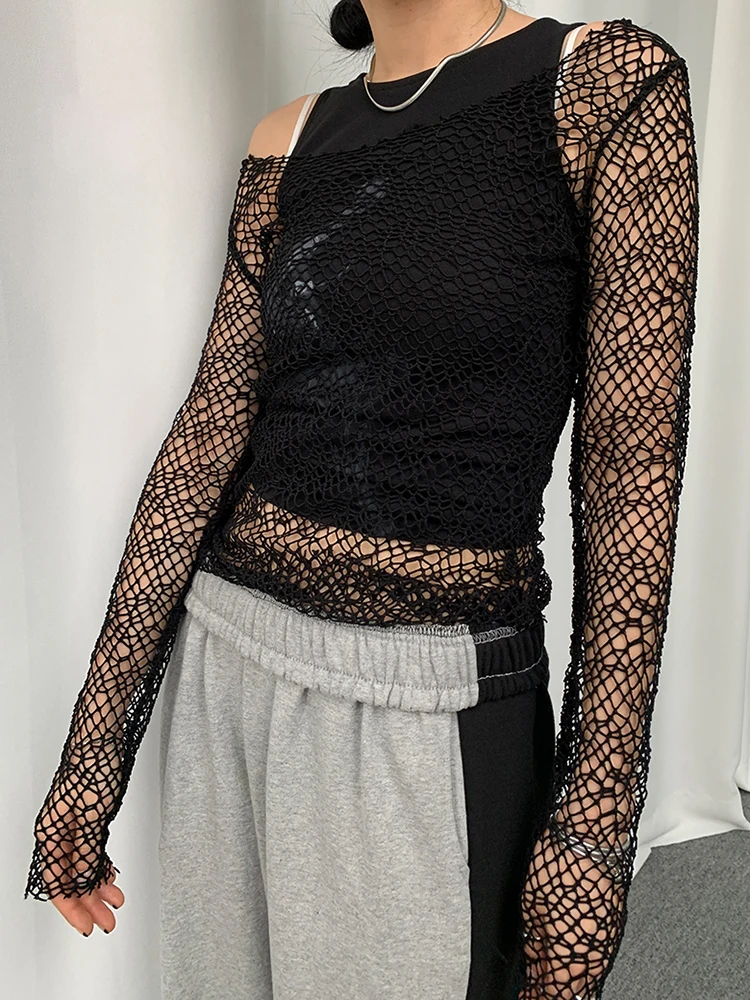 

Irregular Skew Collar Fishnet Mesh Fairycore Tops Women Hollow Out Sexy Sun Protection Long Sleeve Retro Black T-Shirts