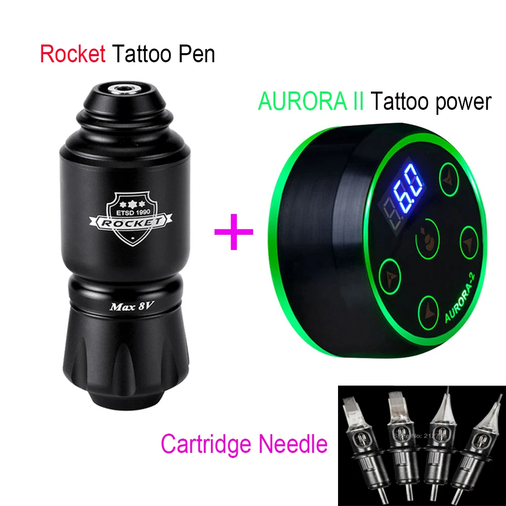 Professional Tattoo Machine Kit Rocket Mini Tattoo Pen with AURORA II Tattoo Power Supply-B5 and 10Pcs Cartridge Needles Set