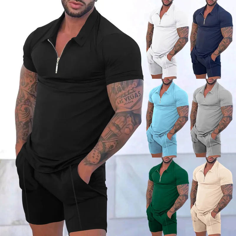2023European and American style men's clothing new casual contrast colorPOLOZipper polo short sleeve sports set
