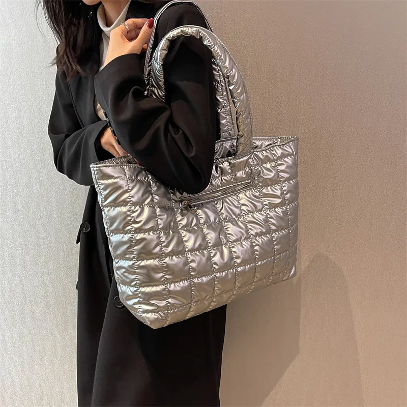 

Winter Padded Handbags Nylon Large Capacity Female Top-Handle Bags Solid Color Crossbody Bags Down Women Shoulder Bags