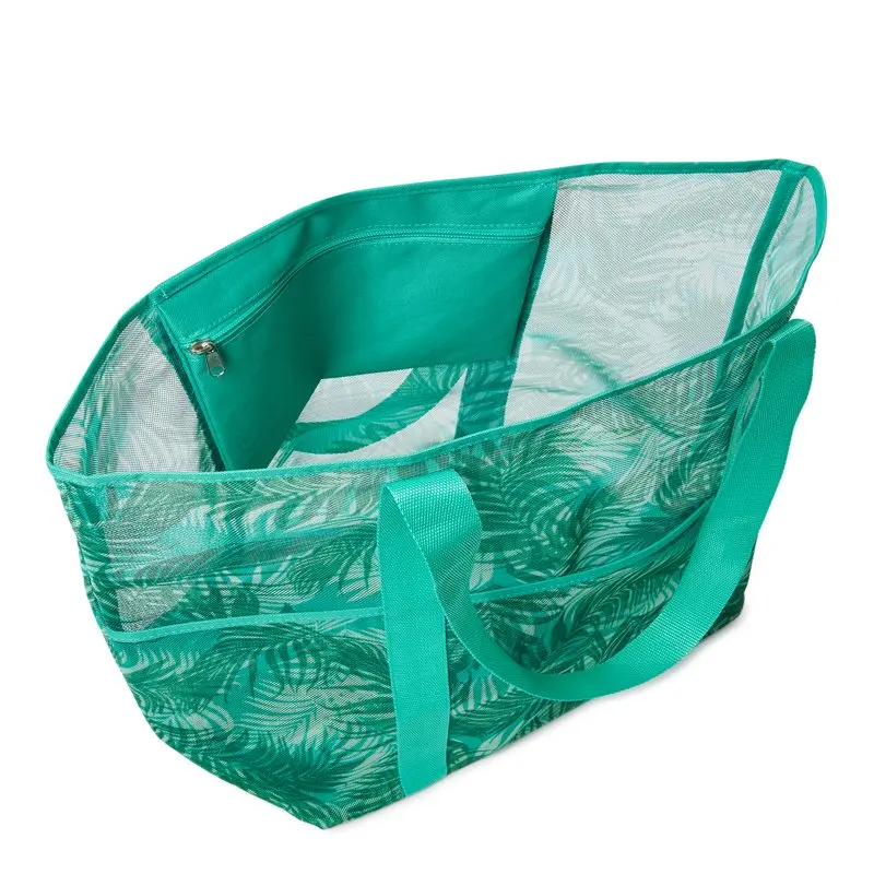 Women's Mesh Beach Tote Bag, 2-Pack Palm Mint Chip / Black